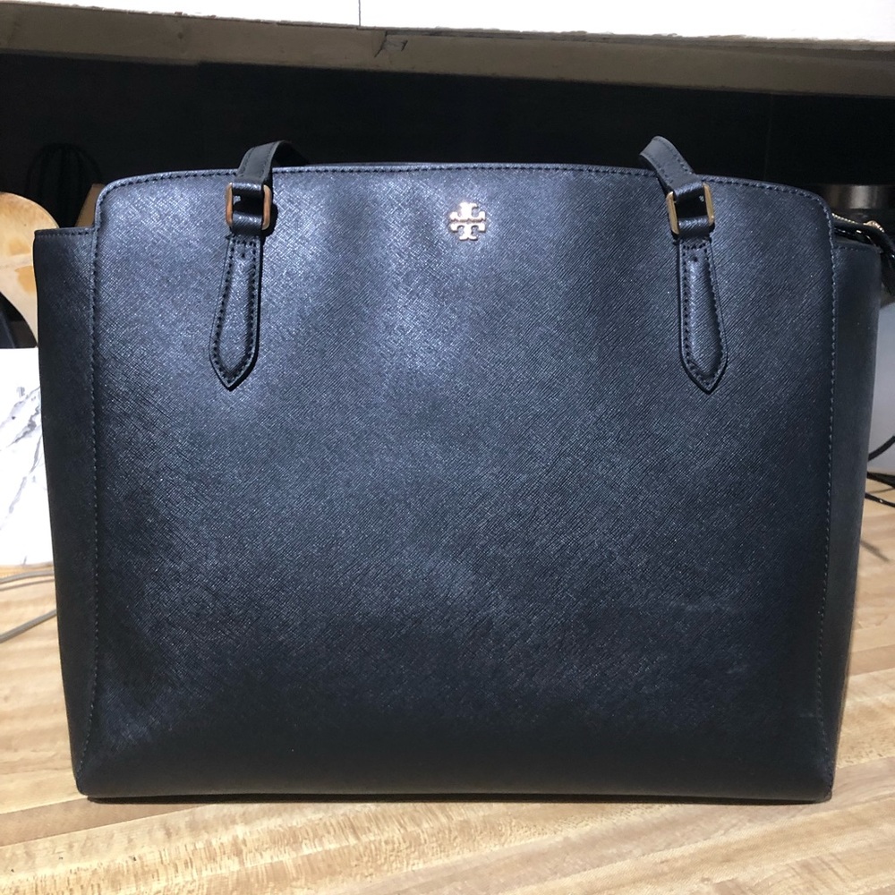 Tory Burch Black Leather Tote with Gold Logo